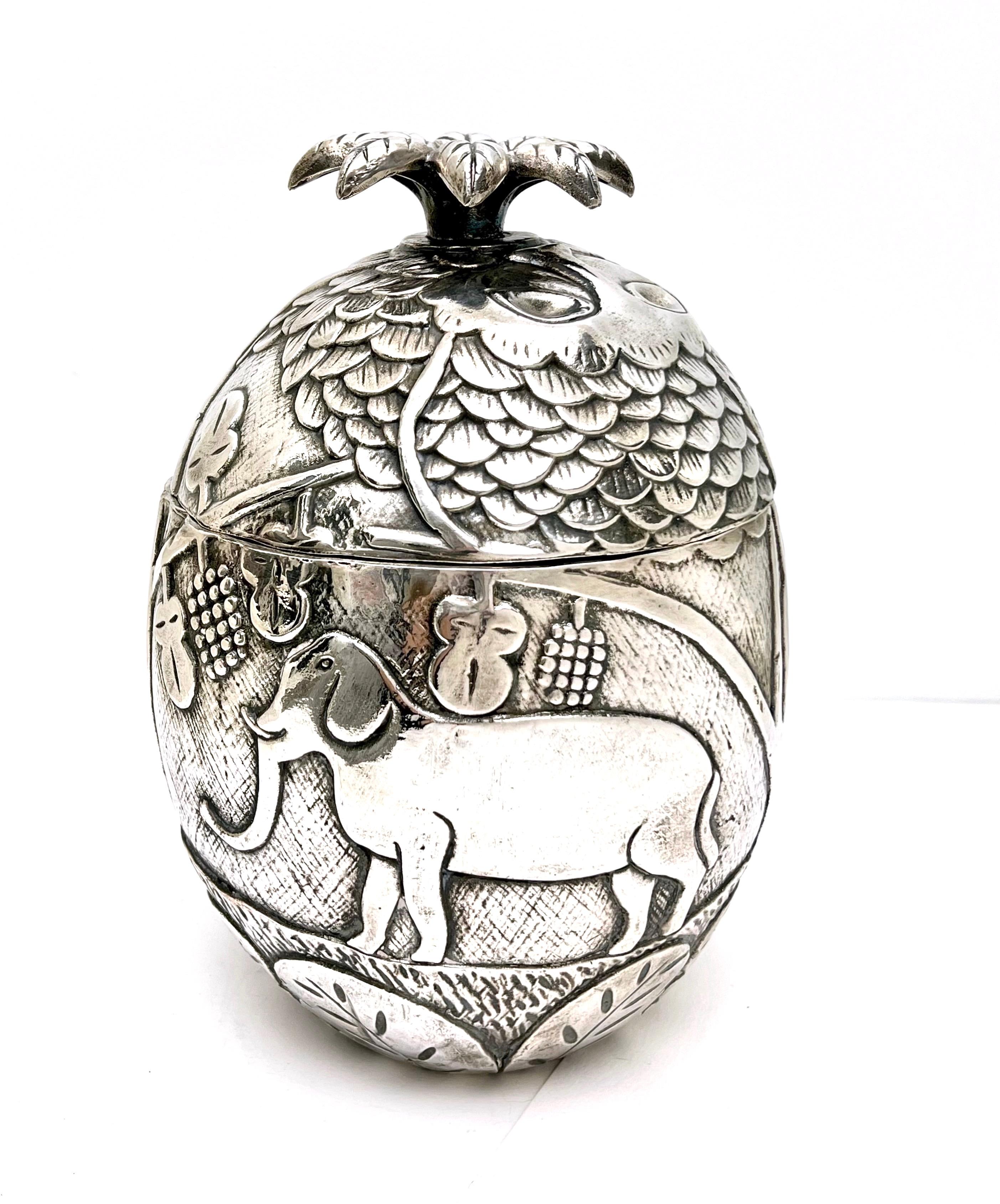 Stunning and unique French Ice Bucket or Wine Cooler with whimsical animals including a Deer, Elephant, Camel and an Owl on top.  In the style of Marc Chagall and his playfulness this is a unique and rare piece.  Top is notched for all the trees and
