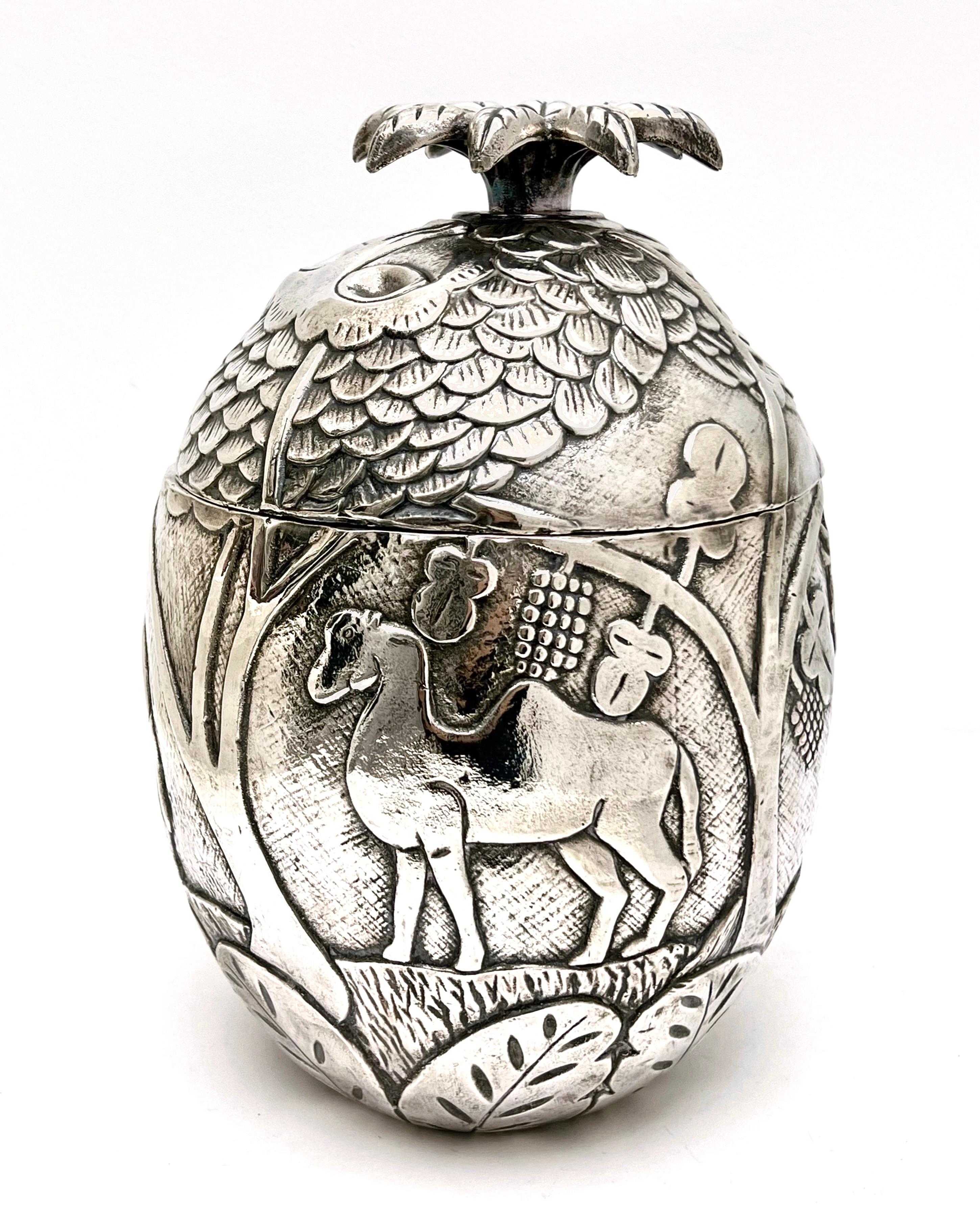 French Silver Ice Bucket with Deer, Elephant and Camel in the Style of Chagall For Sale