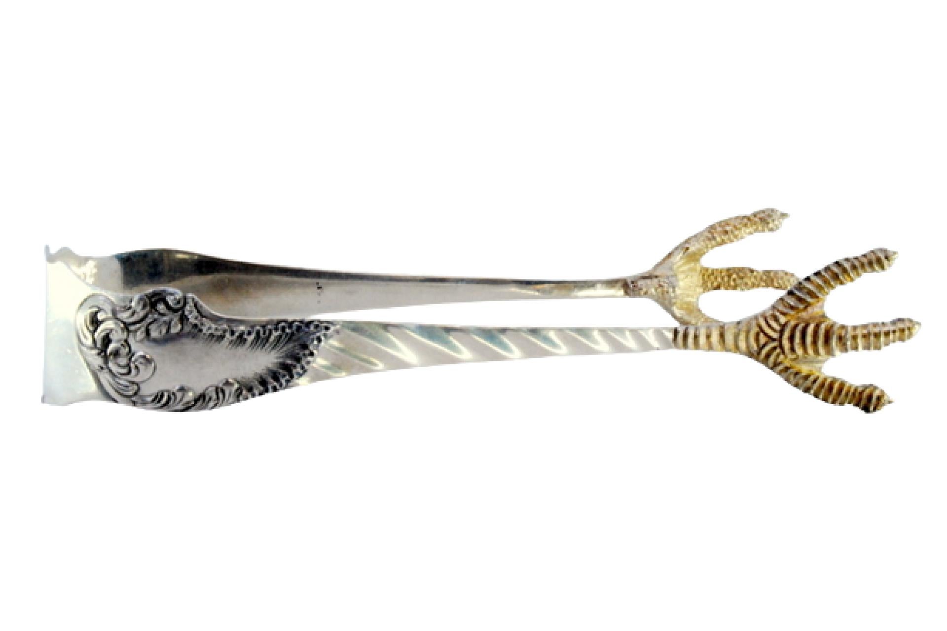 Silver ice tongs in the shape of bird claws For Sale