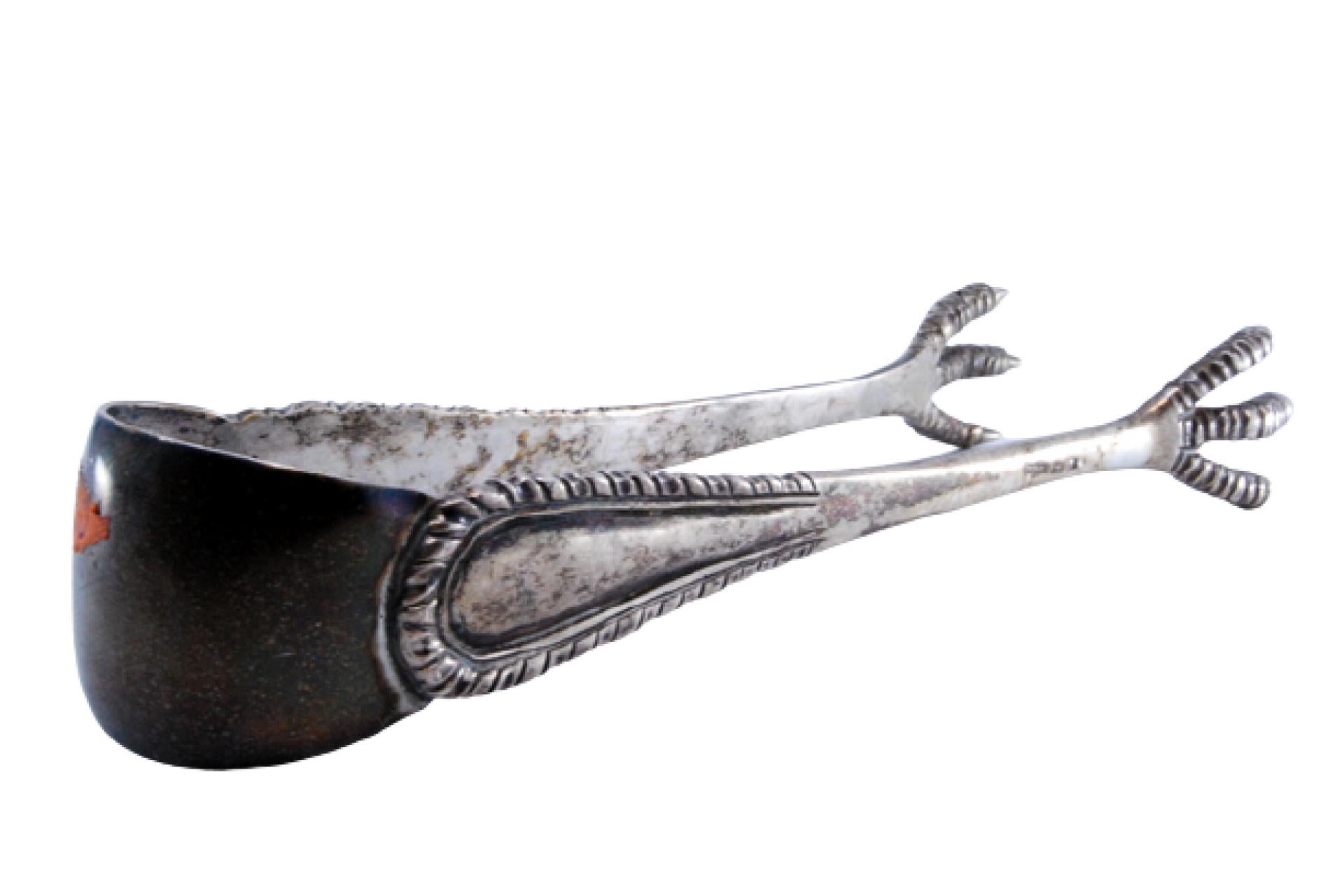 Silver ice tongs in the shape of embossed claws For Sale