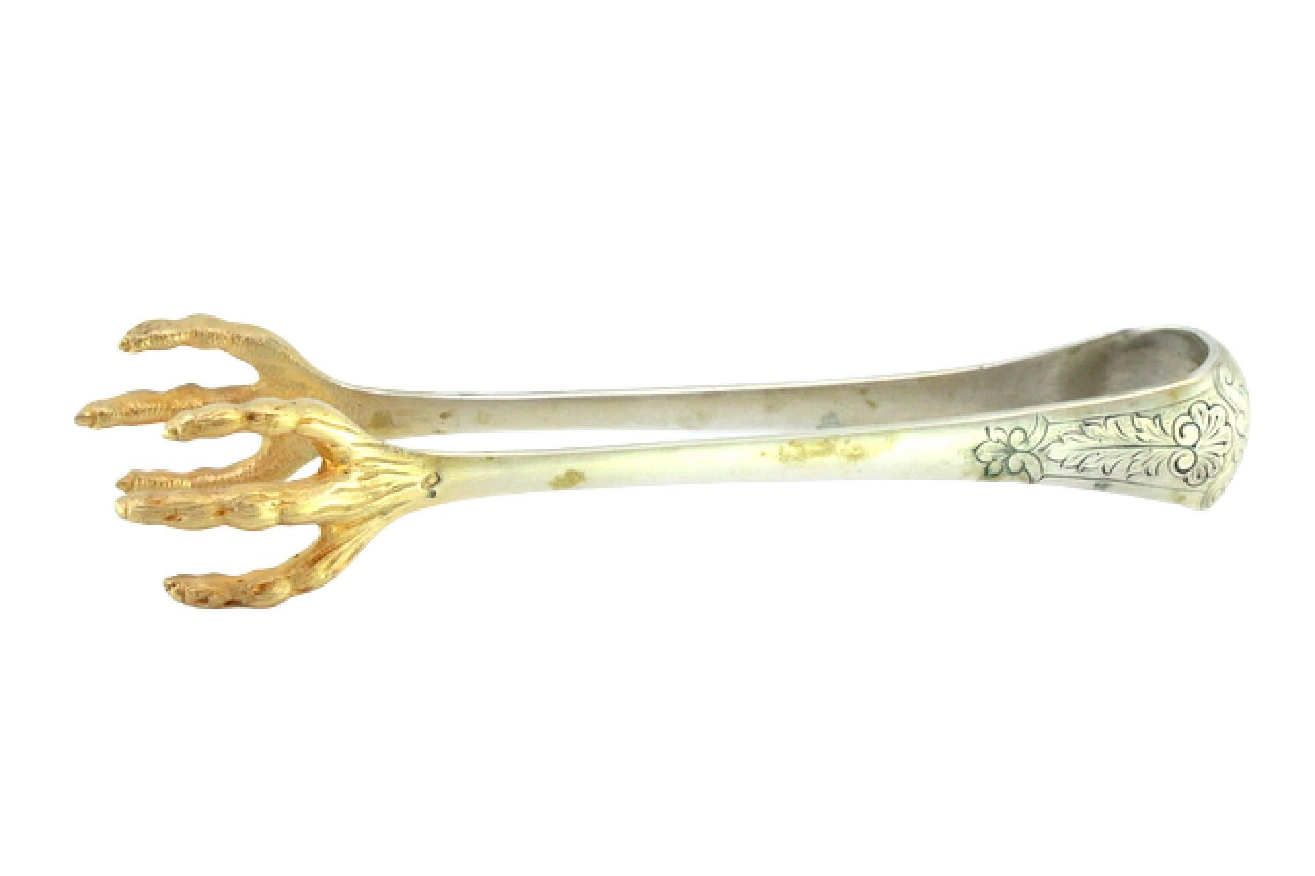 Silver ice tongs in the shape of gold bird claws For Sale