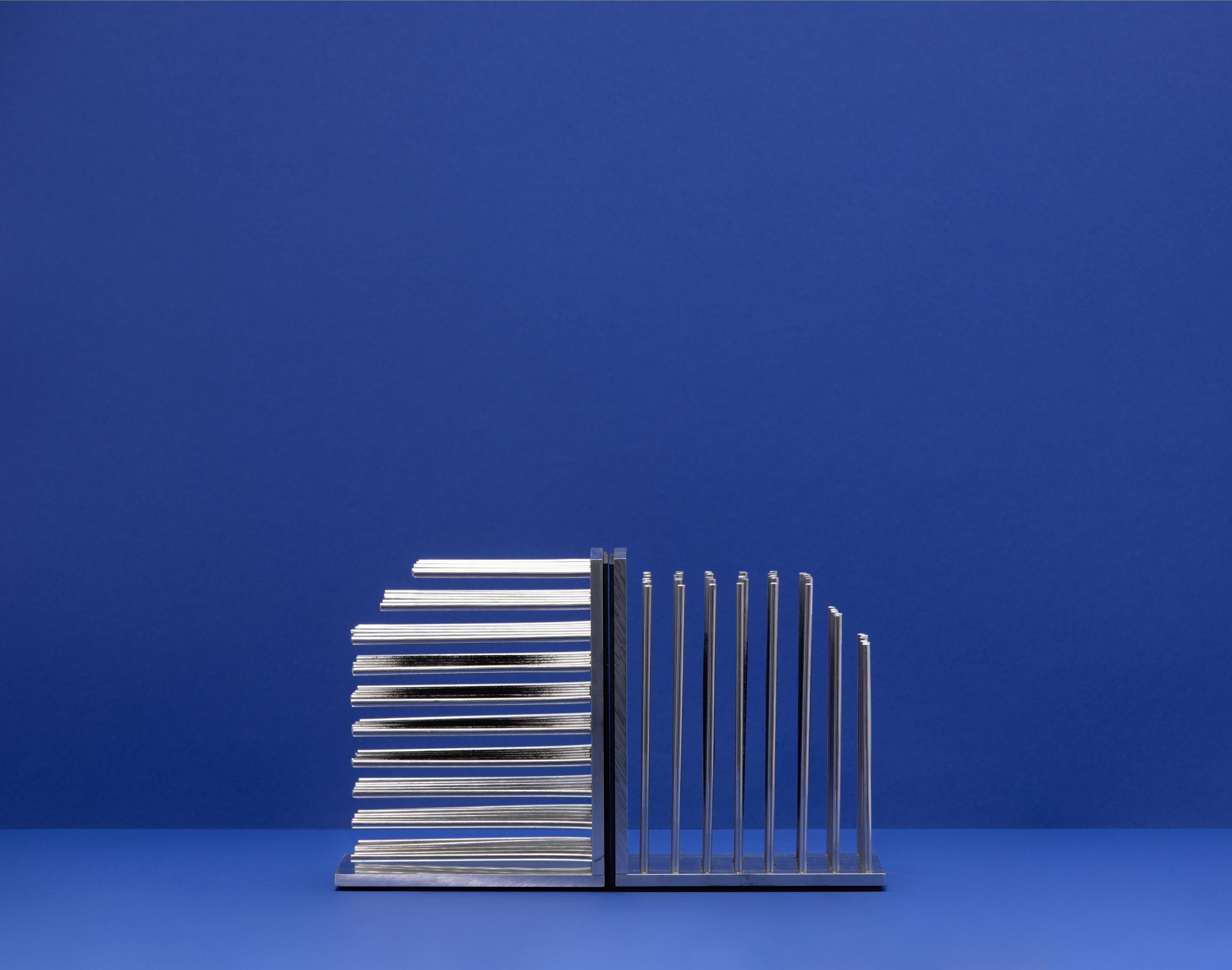 Silver industrial modernist aluminium and rubber bookends 