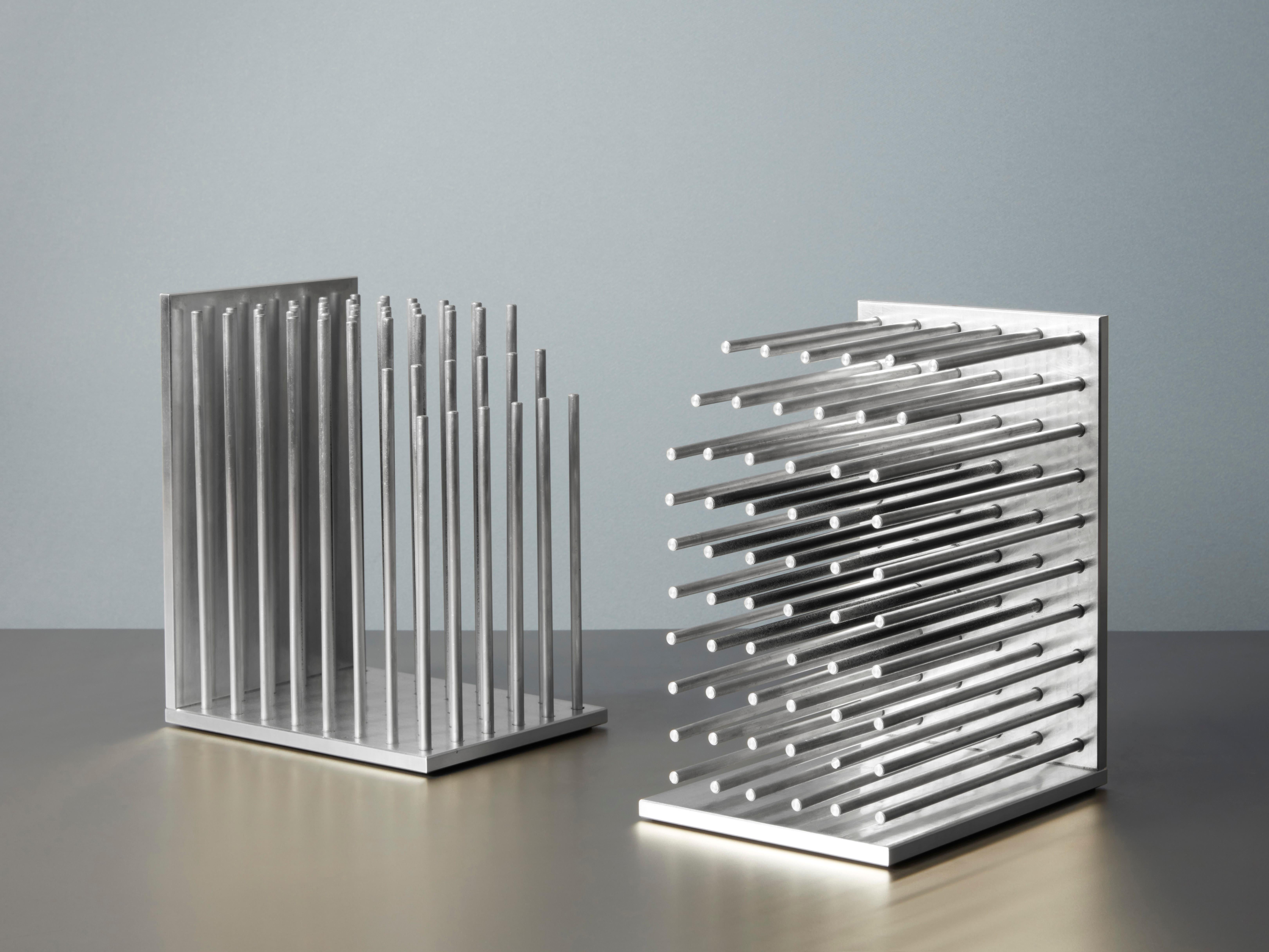 Silver industrial modernist aluminium and rubber bookends 