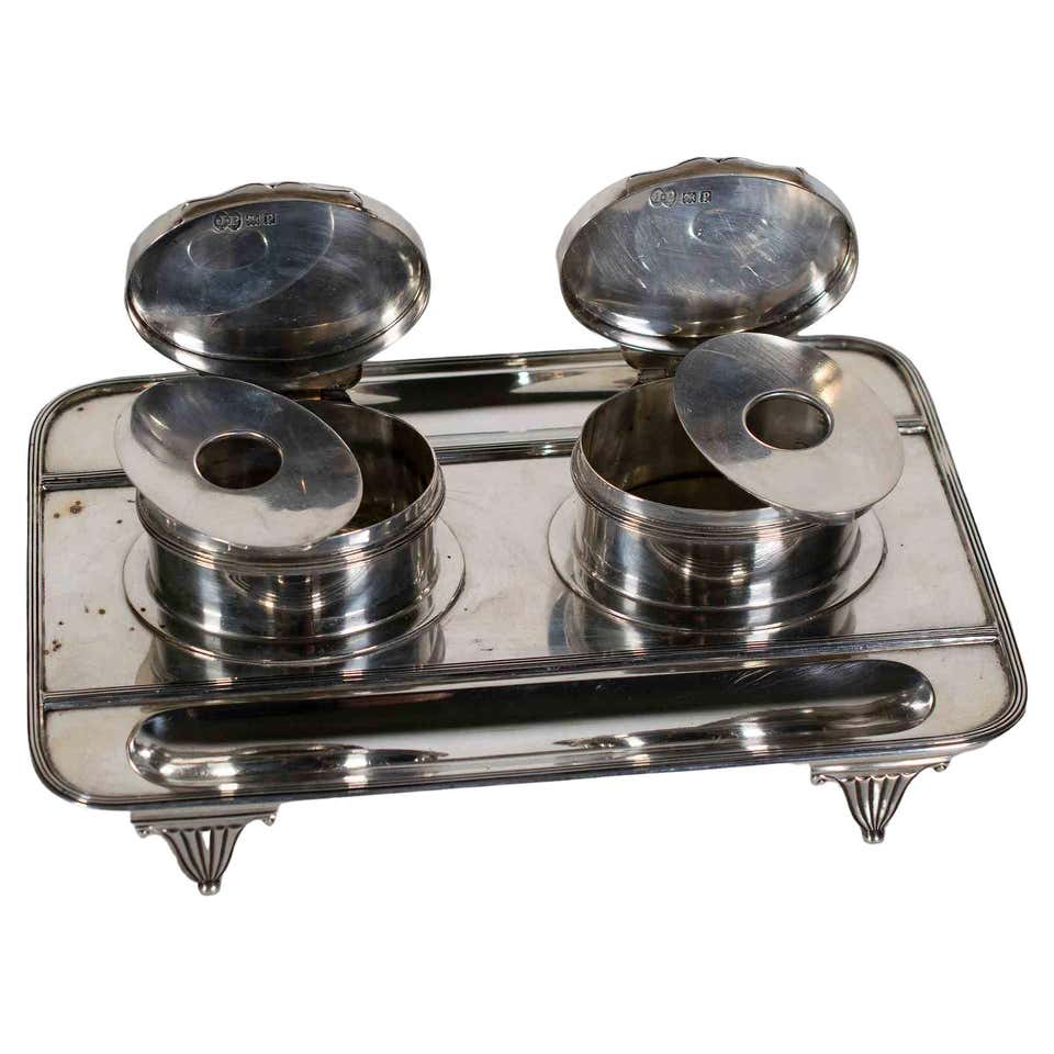 Early 20th Century Art Nouveau German Silver and Glass Inkwell For Sale ...