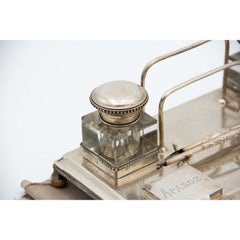 Silver inkwell with acanthus reliefs, cut-glass tanks & nib holder