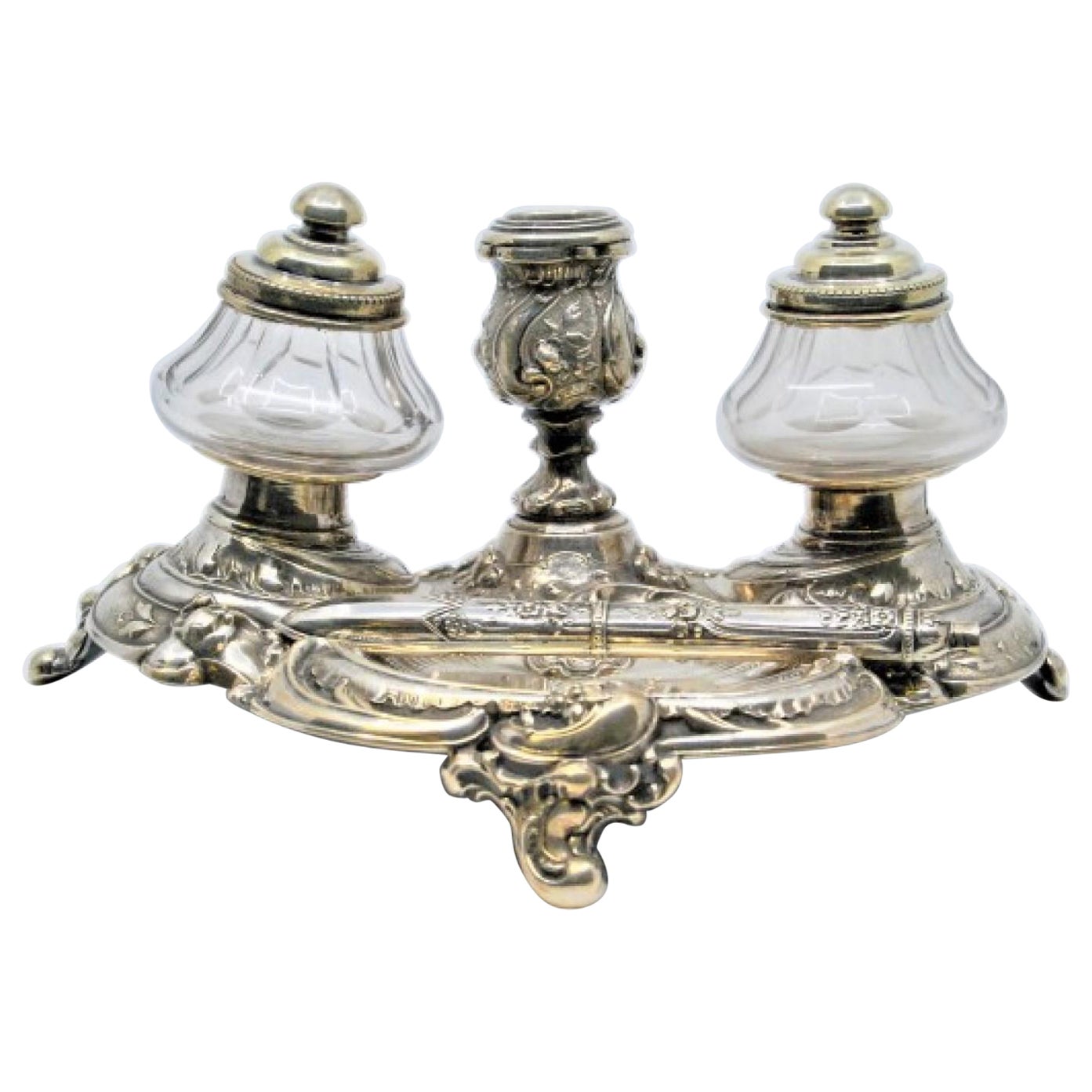 Silver inkwell with bell and tank holder