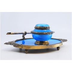 Silver inkwell with blue enamel, pen & gold-lined reservoir