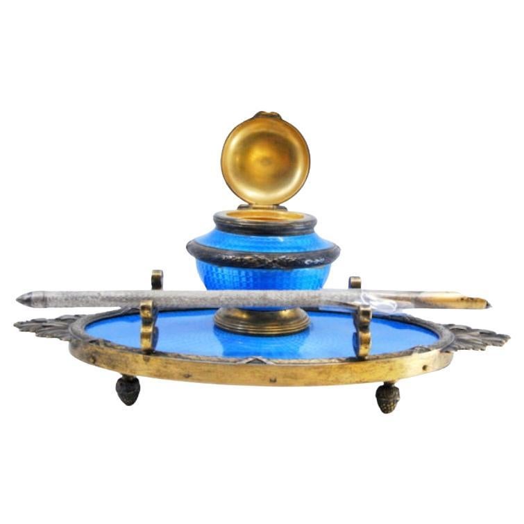 Silver inkwell with blue enamel, pen 
gold-lined reservoir