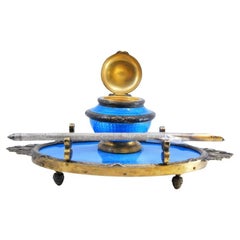 Silver inkwell with blue enamel, pen 
gold-lined reservoir