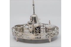 Silver inkwell with grid, two reservoirs, two pen holders and bell
