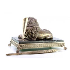 Silver inkwell with lion figure, pen & marble-silver claw-foot base
