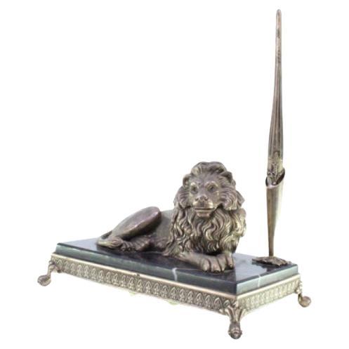 Silver inkwell with lion figure, pen 
marble-silver claw-foot base For Sale