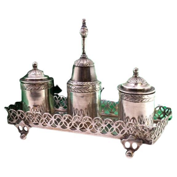 Silver inkwell with tanks, bell, square base 
four openwork feet For Sale