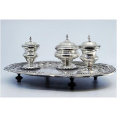 Silver inkwell with three engraved tanks, bell & tray on claw feet