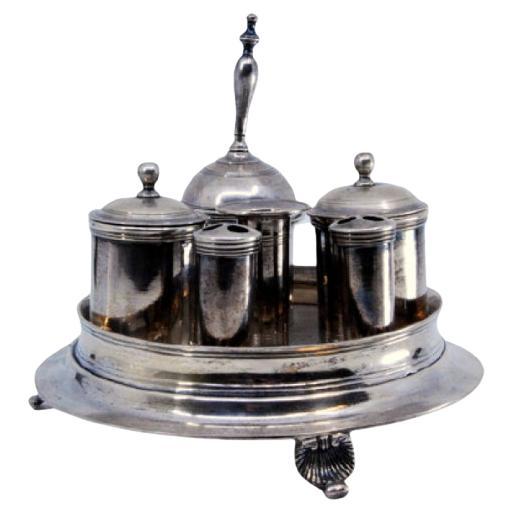 Silver inkwell with two reservoirs, bell 
three shell-shaped feet