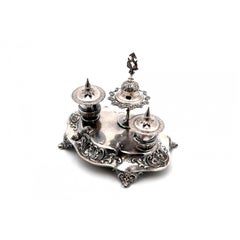 Silver inkwell with two tanks and bell