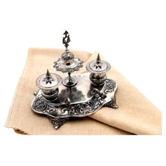 Silver inkwell with two tanks and bell