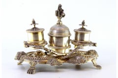 Silver inkwell with two tanks, bell & four claw feet