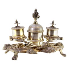 Silver inkwell with two tanks, bell 
four claw feet
