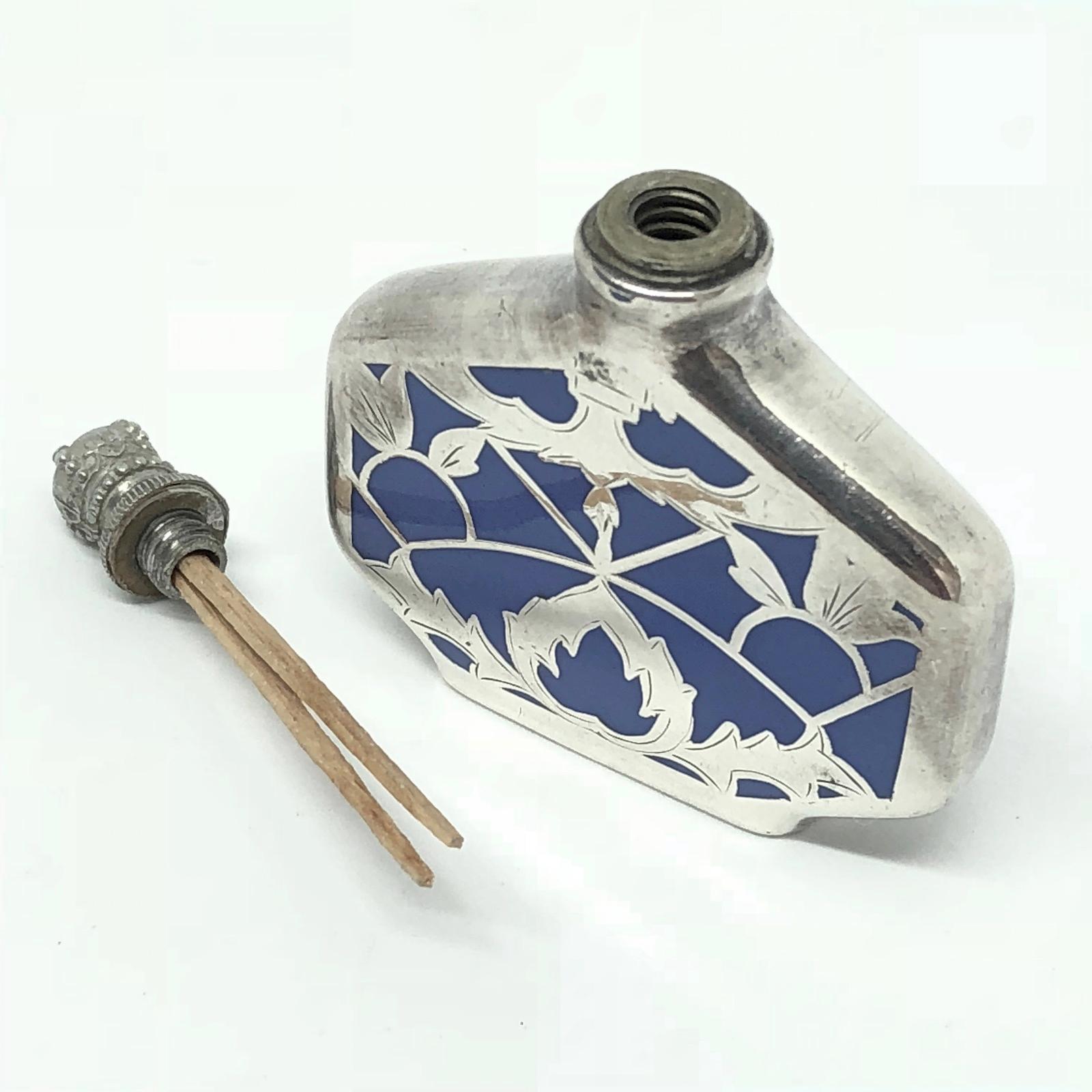 Art Nouveau Silver Inlay Perfume Bottle with Light Blue China Porcelain, Early 20th Century