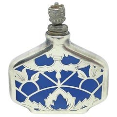 Antique Silver Inlay Perfume Bottle with Light Blue China Porcelain, Early 20th Century