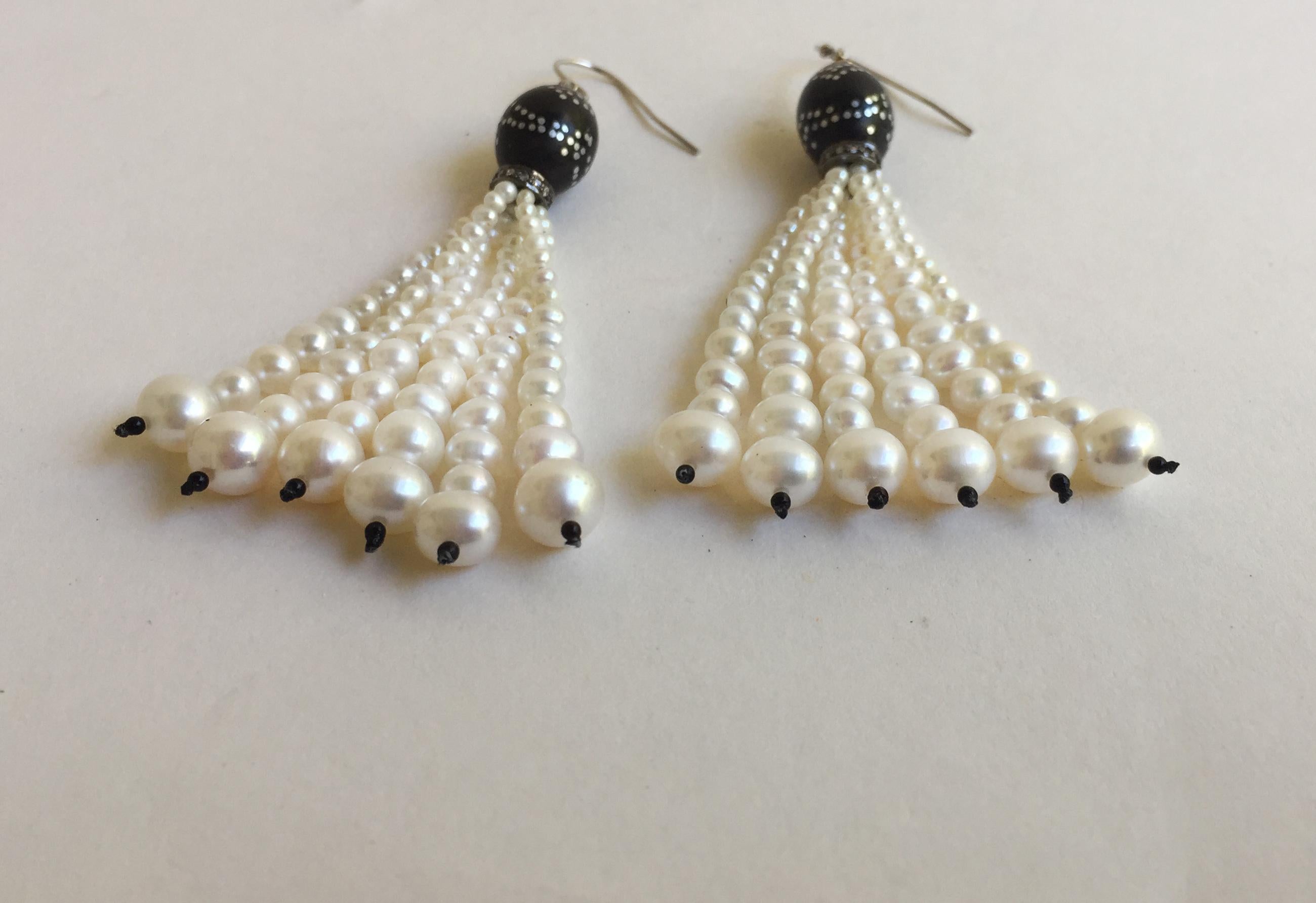 Artist Marina J Silver Inlay Wood and Pearl Tassel Earrings with Diamonds and 14 K Gold