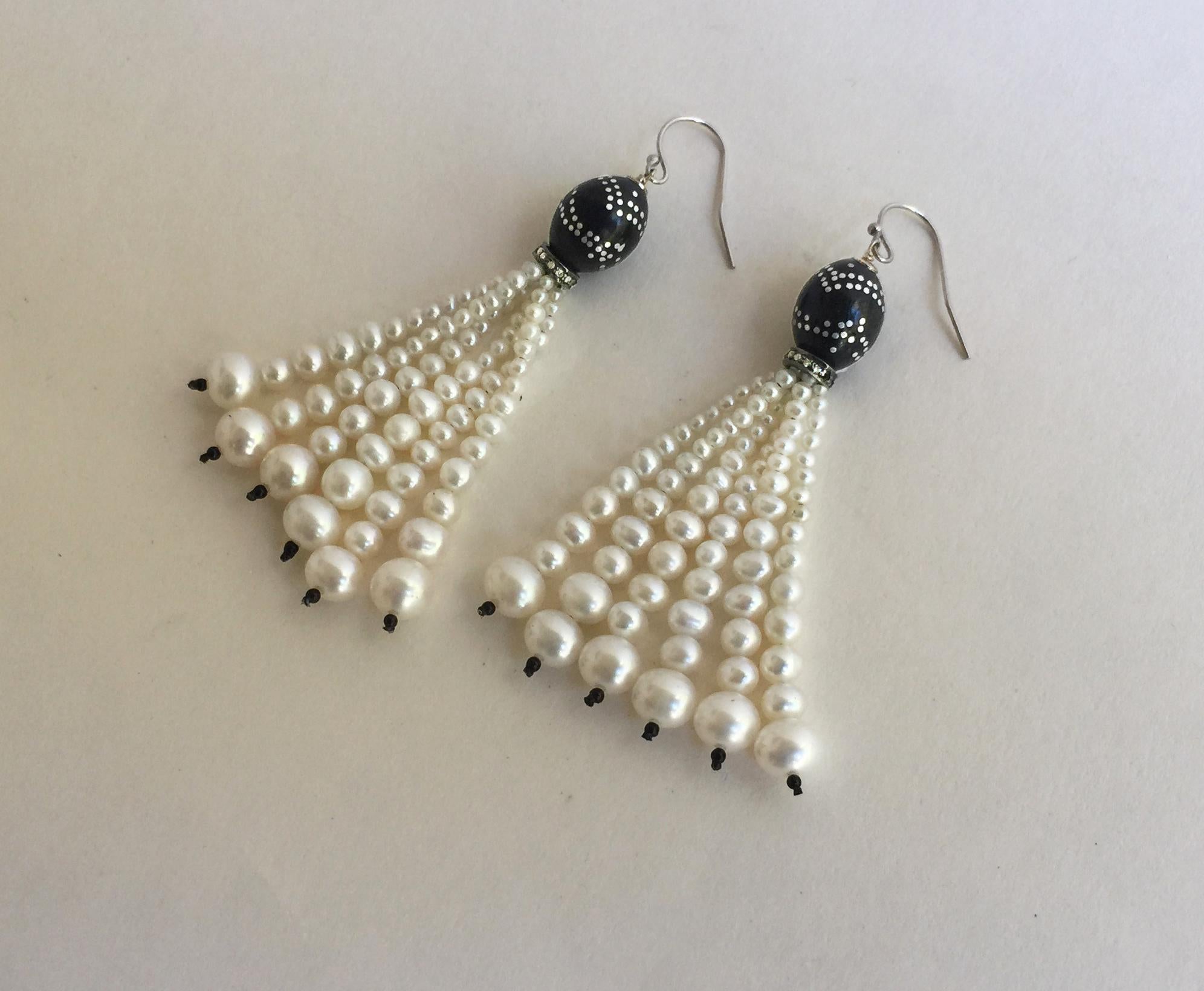 Bead Marina J Silver Inlay Wood and Pearl Tassel Earrings with Diamonds and 14 K Gold