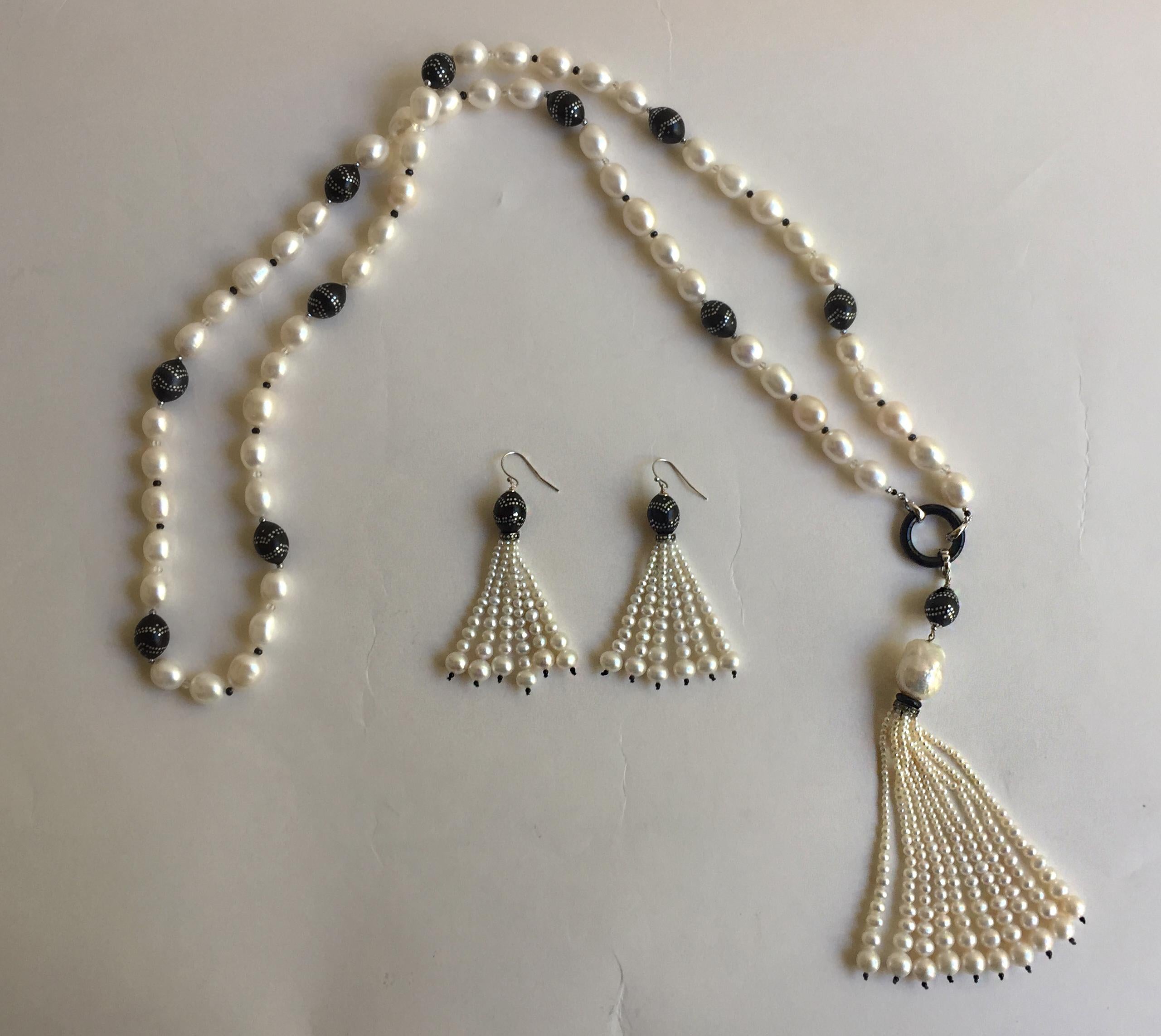 Marina J Silver Inlay Wood and Pearl Tassel Earrings with Diamonds and 14 K Gold In New Condition In Los Angeles, CA