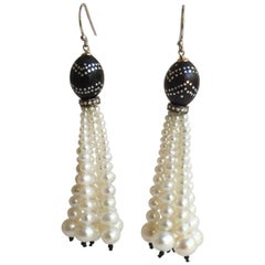Marina J Silver Inlay Wood and Pearl Tassel Earrings with Diamonds and 14 K Gold