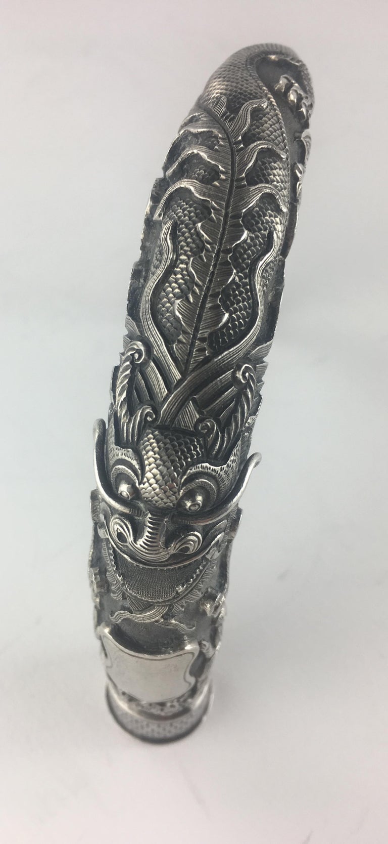 Intricately Carved Silver Cane Handle, French Chinioserie For Sale at