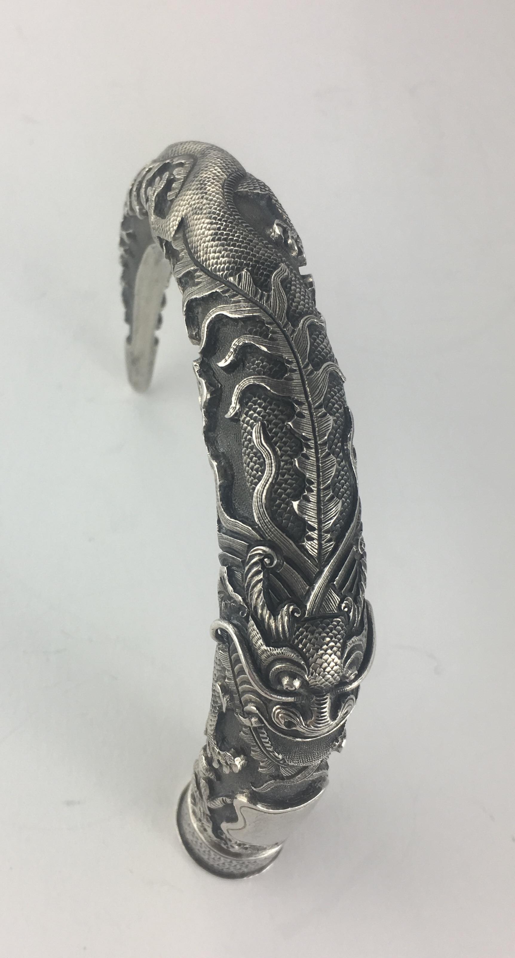 Metal Intricately Carved Silver Cane Handle, French Chinioserie