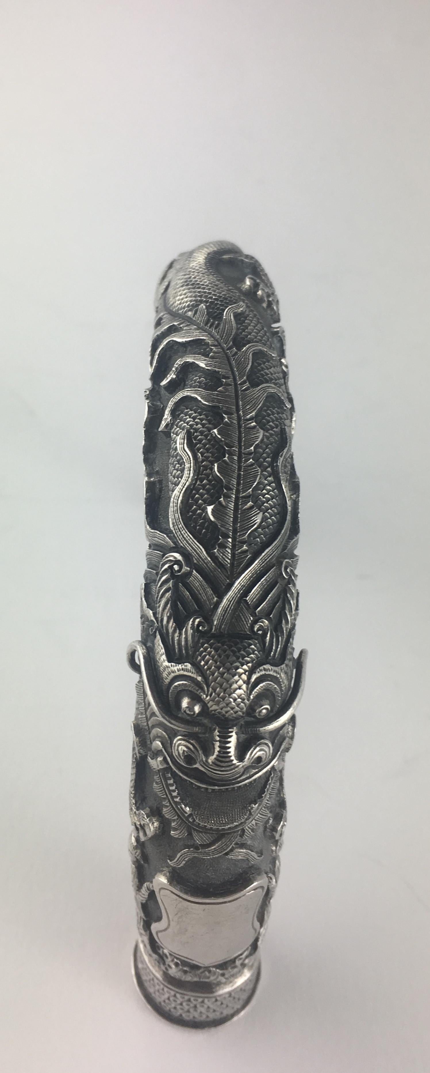 Intricately Carved Silver Cane Handle, French Chinioserie 1