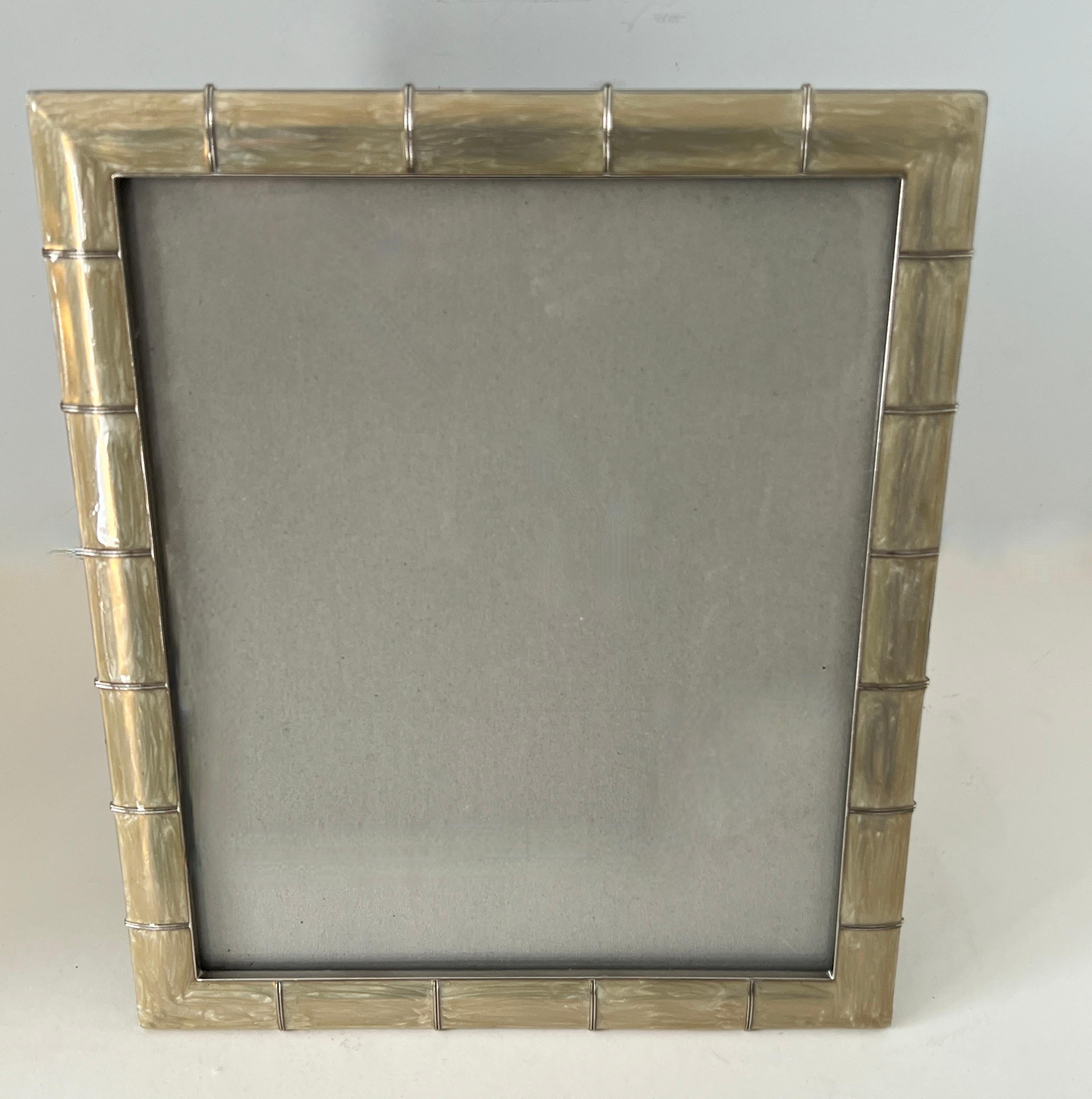 A handsome frame for your 8x10 photos.  The frame is made of an iridescent, almost abalone style material and lends itself to a silver gray material.  A very attractive piece with a black velvet back

A compliment to any story of frames.  designed