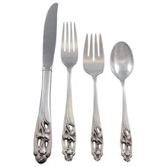 Used Silver Iris by International Sterling Silver Flatware Set for 8 Service 39 Pcs