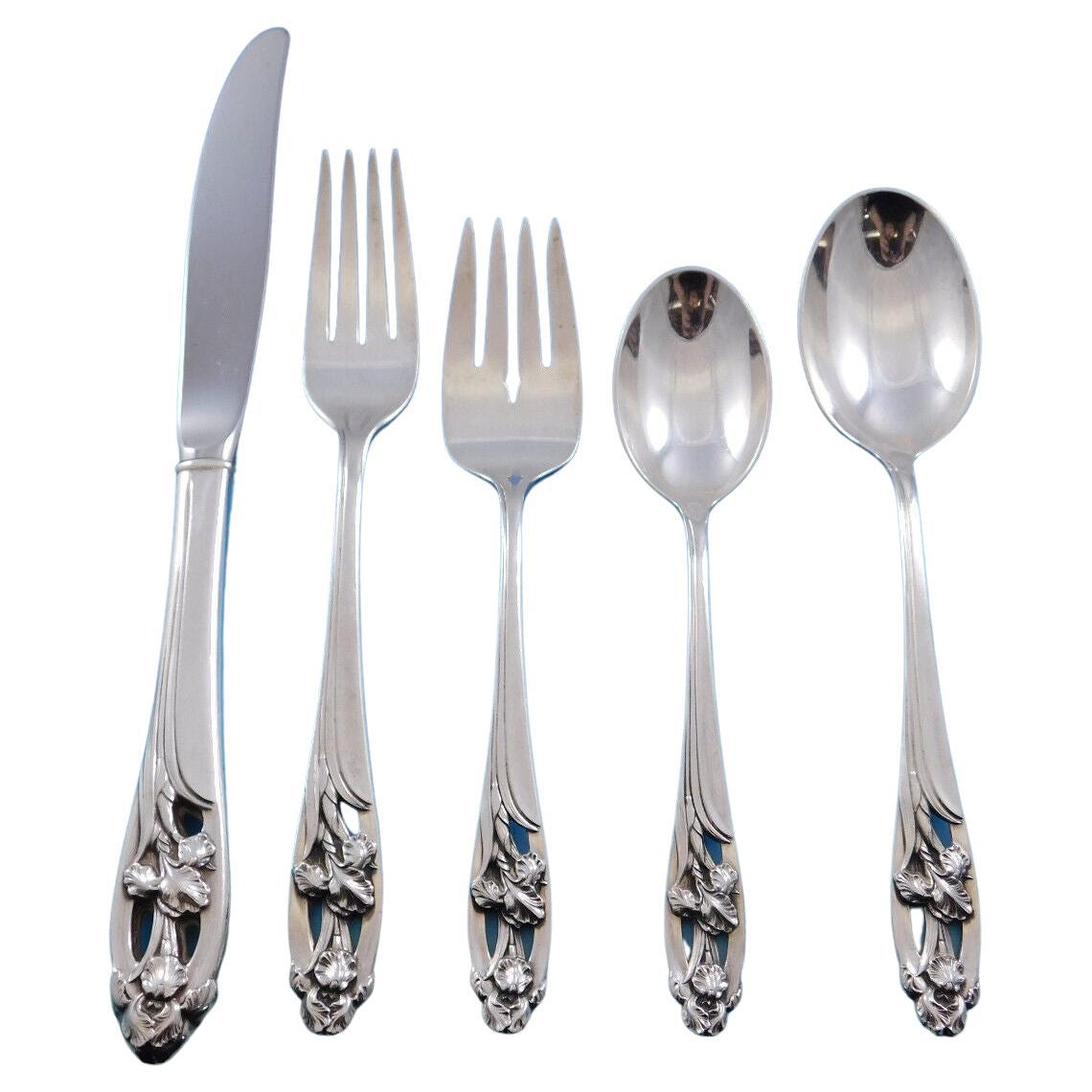 Silver Iris by International Sterling Silver Flatware Set for 8 Service 43 pcs For Sale