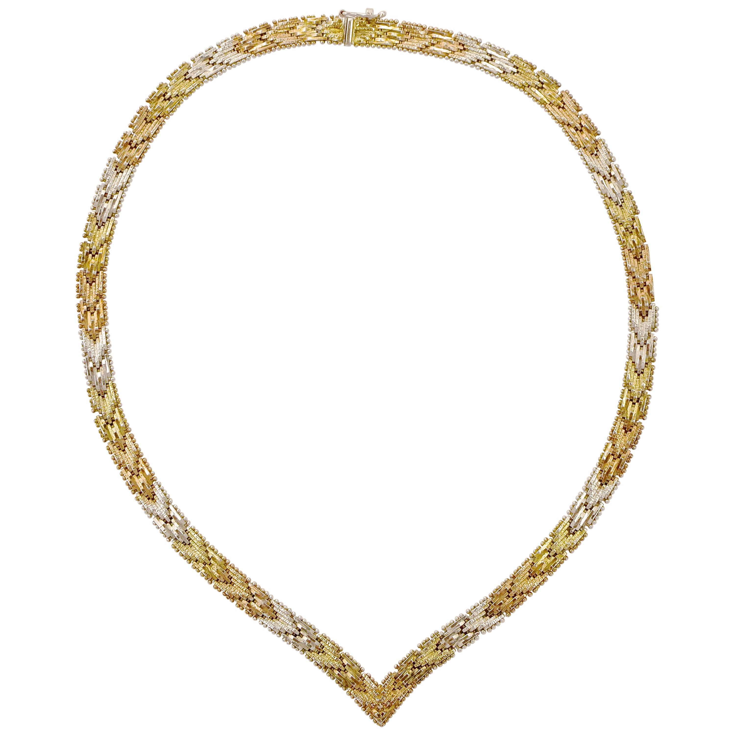 Silver Italy Gold Wash Three Colour Chevron Chain Link Necklace