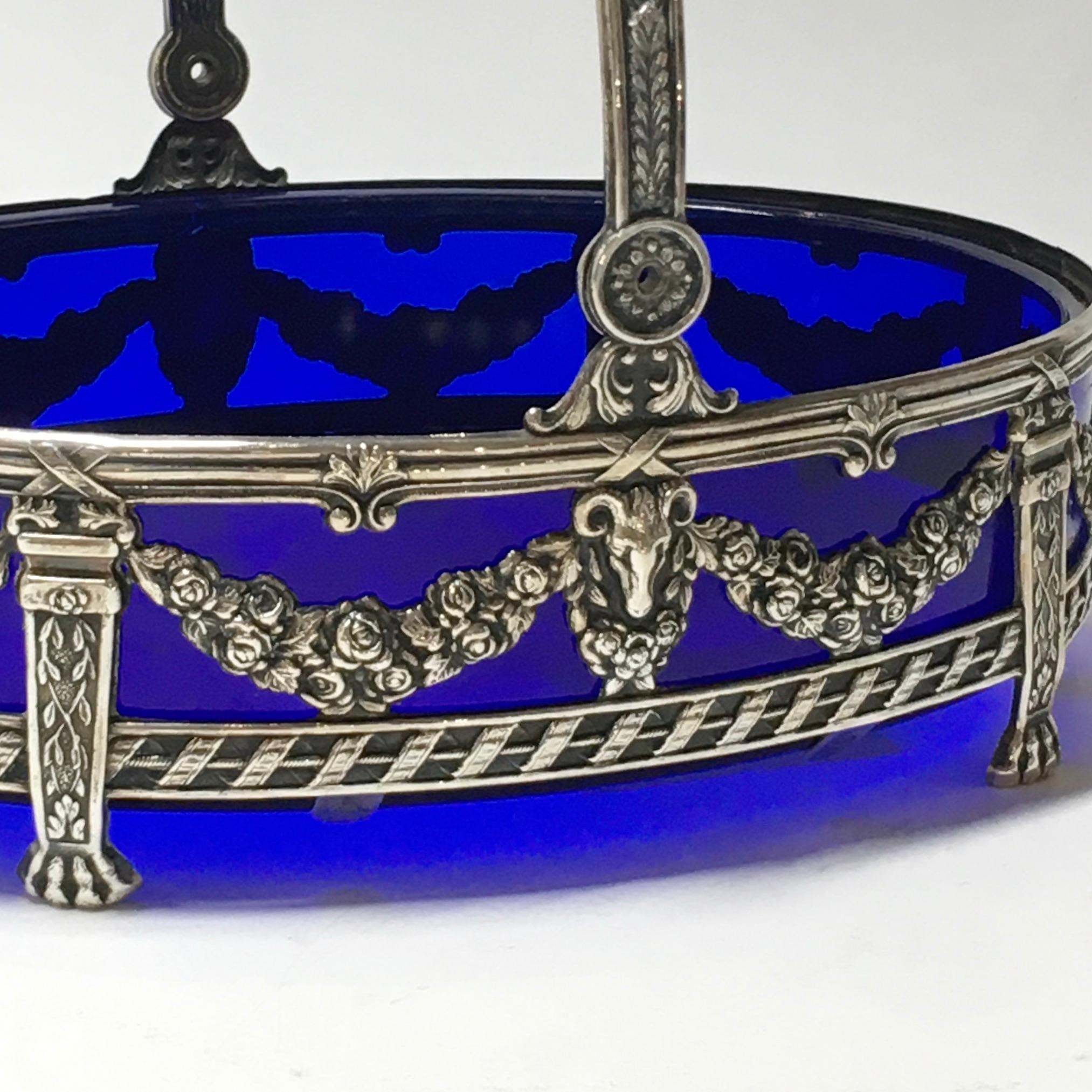 Empire Silver Jardinière with Blue Glass insert, 2-Piece, Blue Glass, Netherlands, 1960