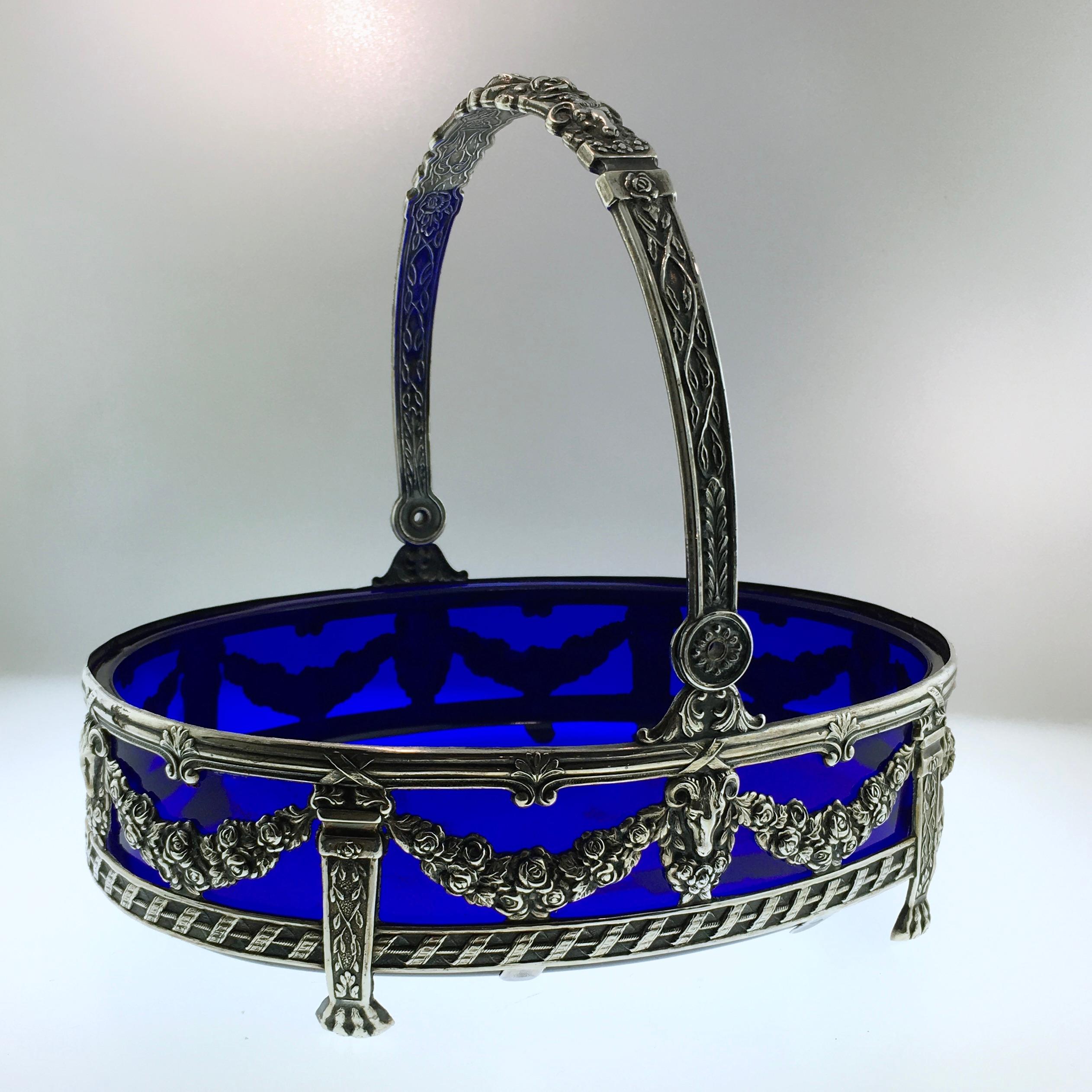 Silver Jardinière with Blue Glass insert, 2-Piece, Blue Glass, Netherlands, 1960 In Excellent Condition In EL Waalre, NL