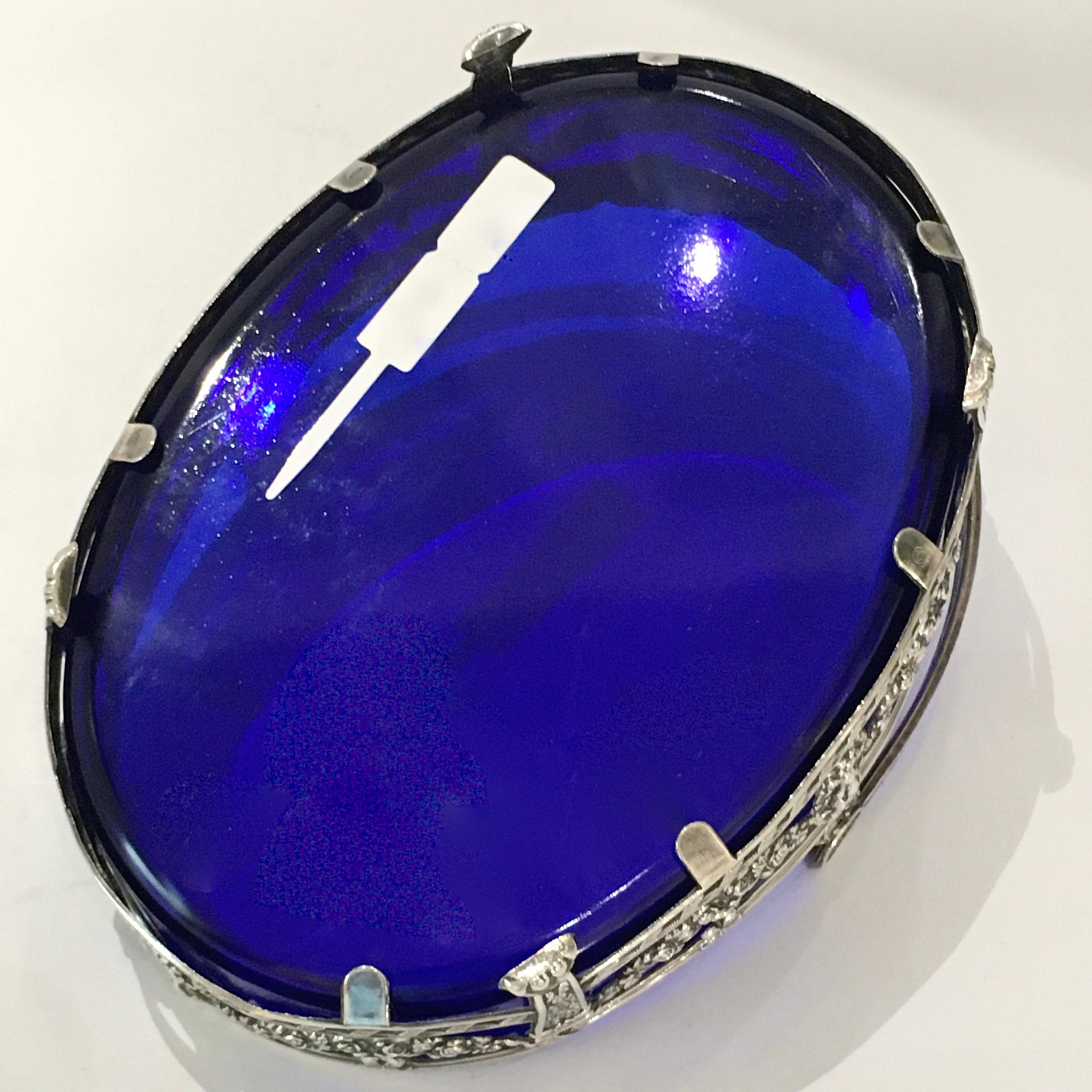 Silver Jardinière with Blue Glass insert, 2-Piece, Blue Glass, Netherlands, 1960 1