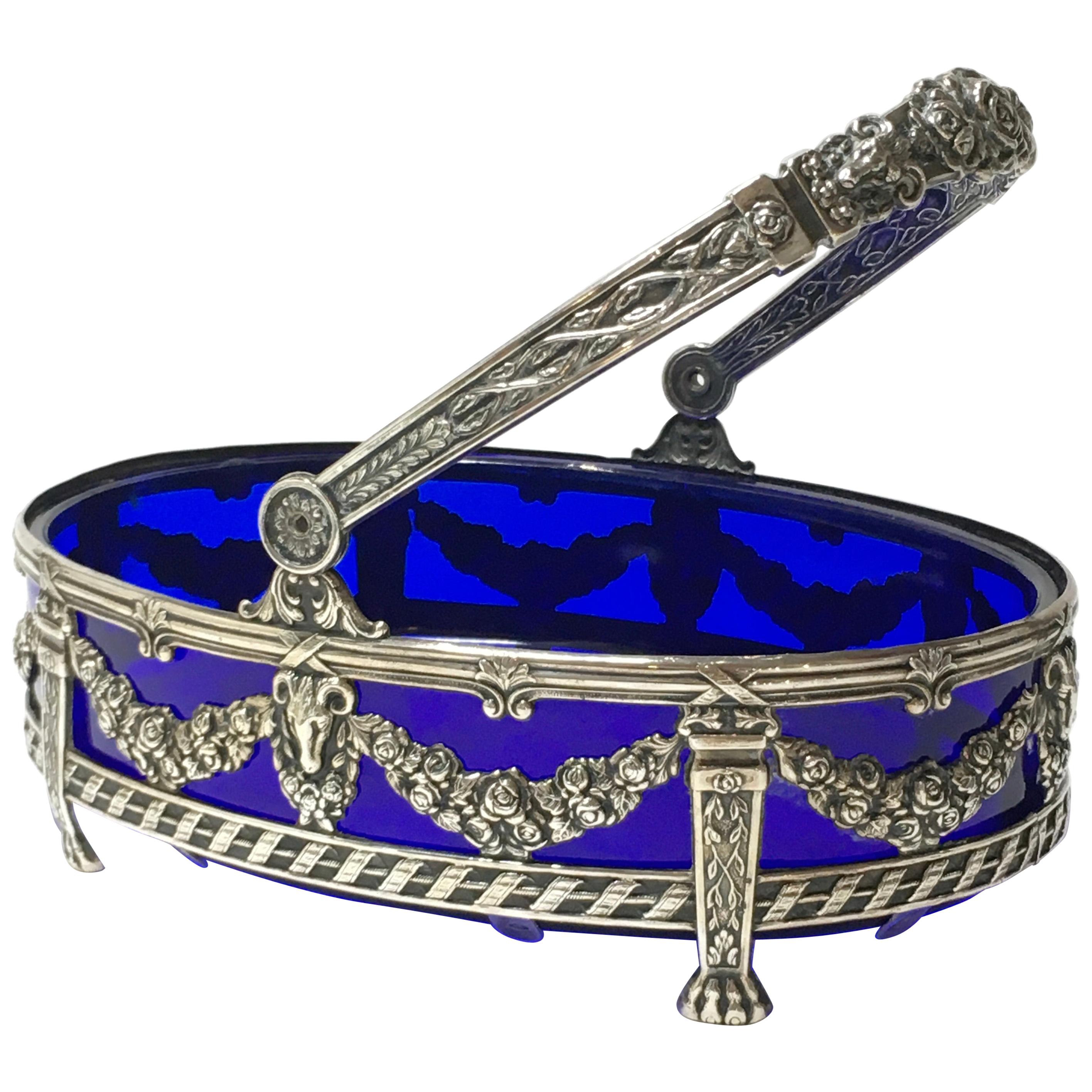 Silver Jardinière with Blue Glass insert, 2-Piece, Blue Glass, Netherlands, 1960