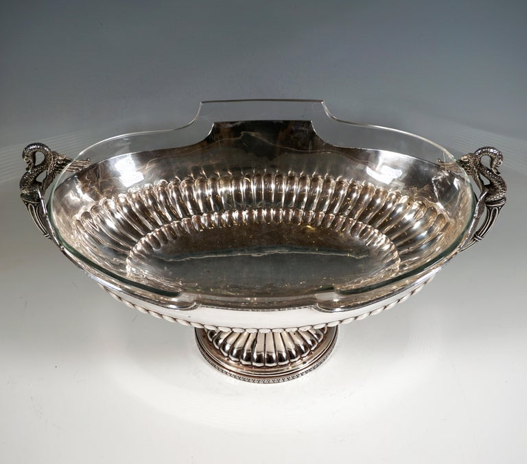 Art Nouveau Silver Jardiniere with Swan Busts and Glass Liner, Pietrasanta & C., Italy, 1950 For Sale