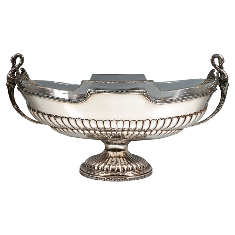 Silver Jardiniere with Swan Busts and Glass Liner, Pietrasanta & C., Italy, 1950 For Sale