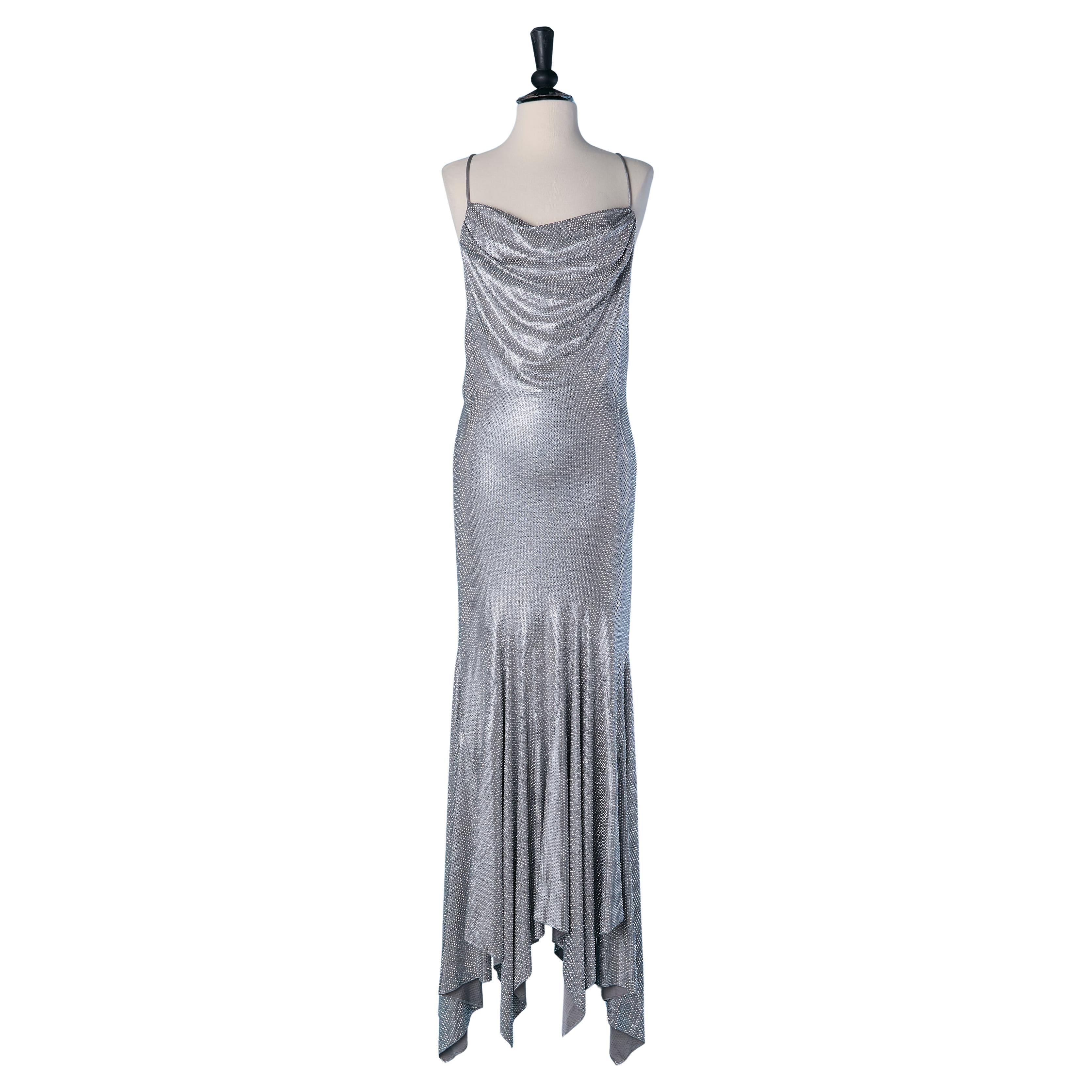 Silver jersey backless draped evening dress with rhinestone ALEXANDRE VAUTHIER