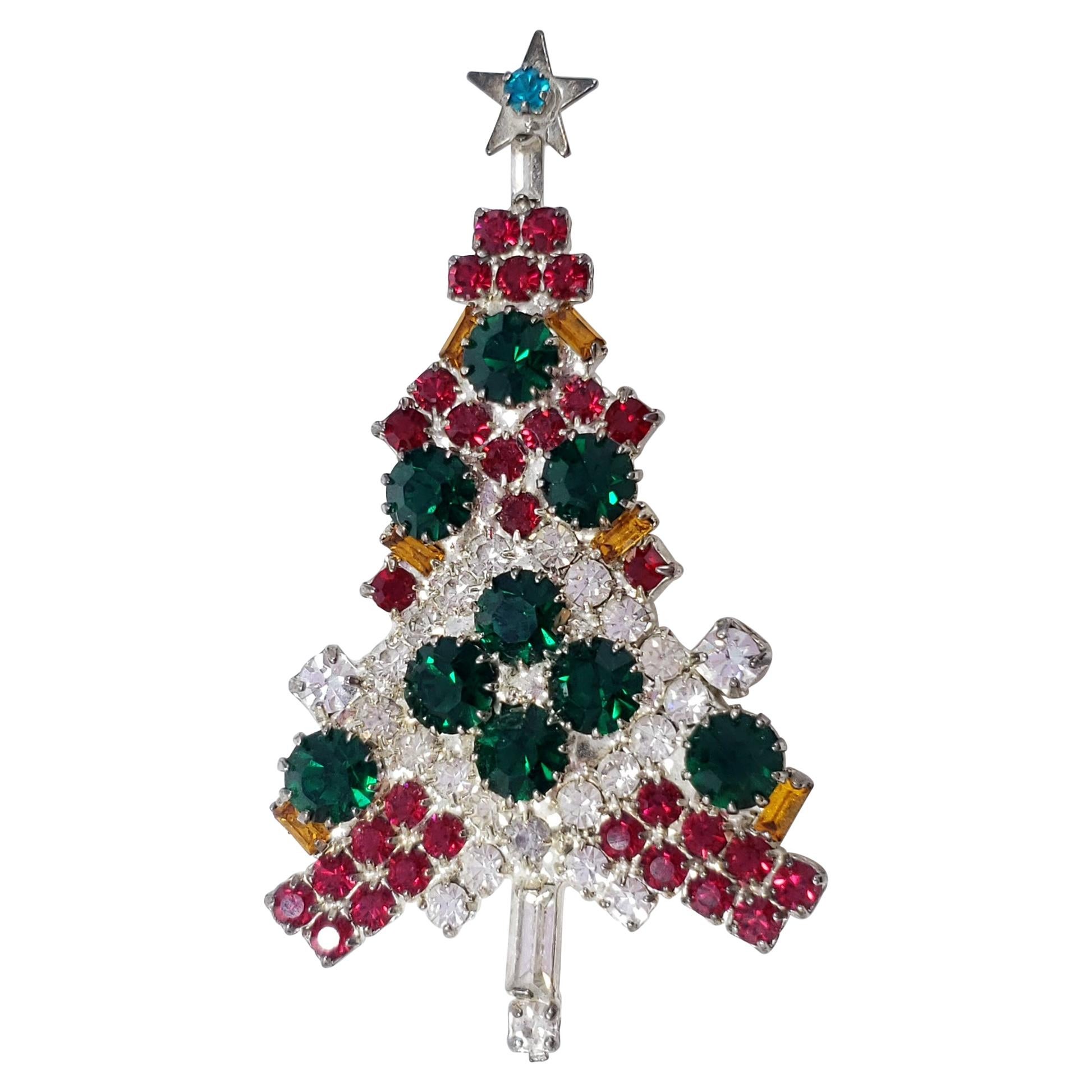 Silver Jeweled Vintage Christmas Tree Pin Brooch, Red White and Green Crystals