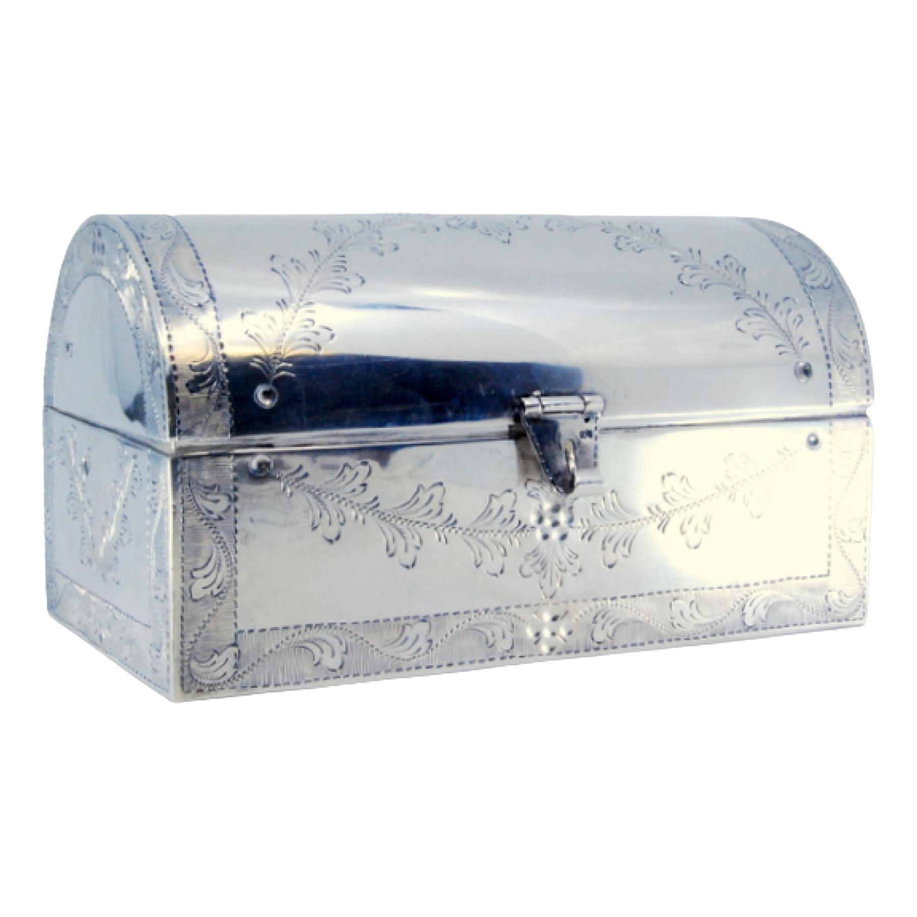 Silver jewelry box in the shape of a chest with engraved plant motifs