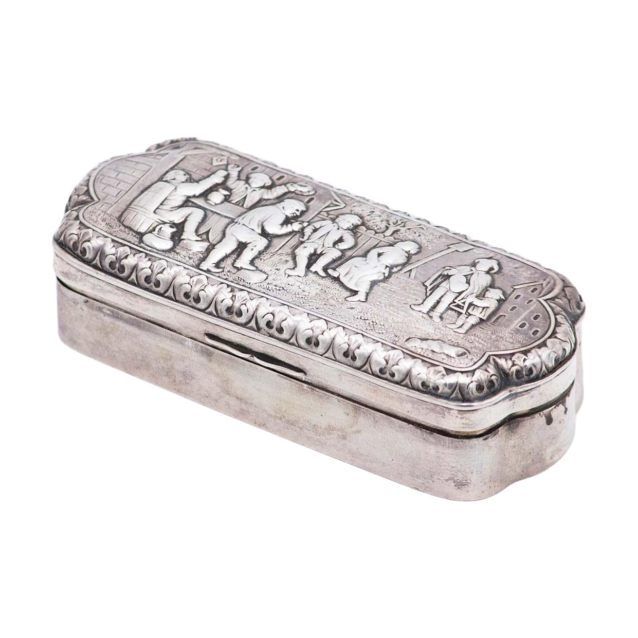 Silver jewelry box with bucolic scene