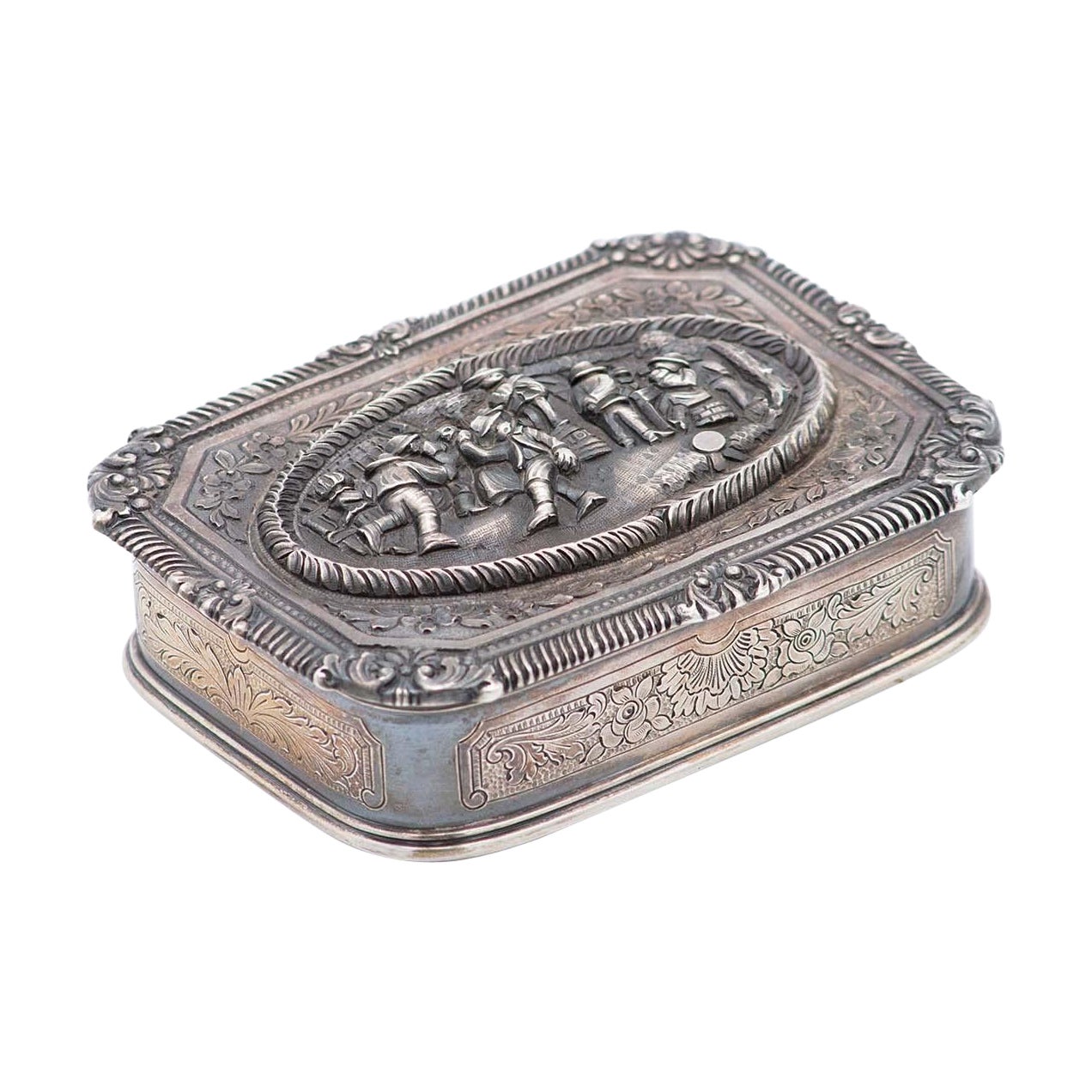 Silver jewelry box with bucolic scene reliefs on the lid