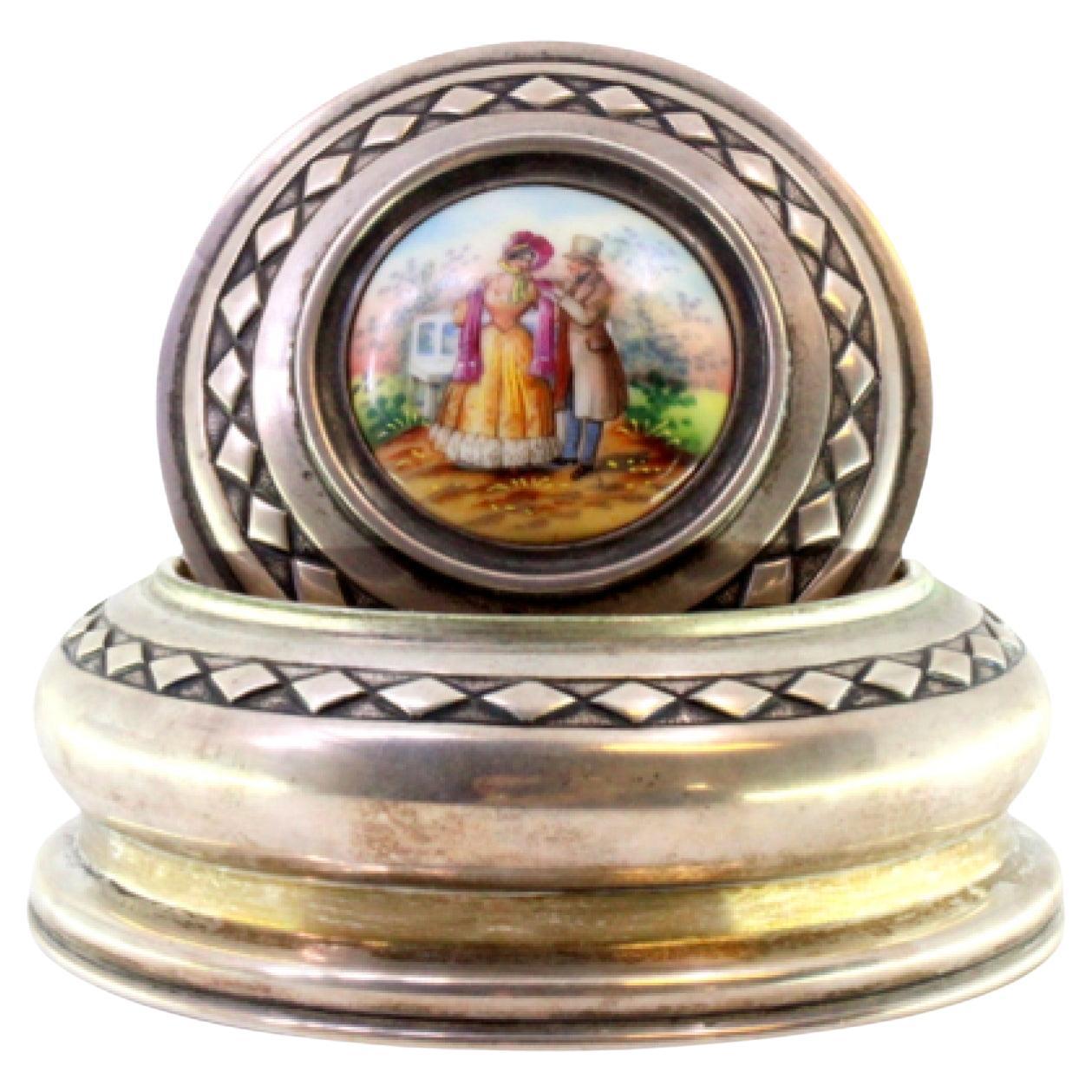 Silver jewelry box with diamond friezes and enamel gallant-scene lid