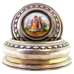 Silver jewelry box with diamond friezes and enamel gallant-scene lid