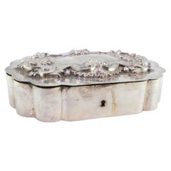 Silver jewelry box with reliefs on the lid, lock and velvet-lined interior
